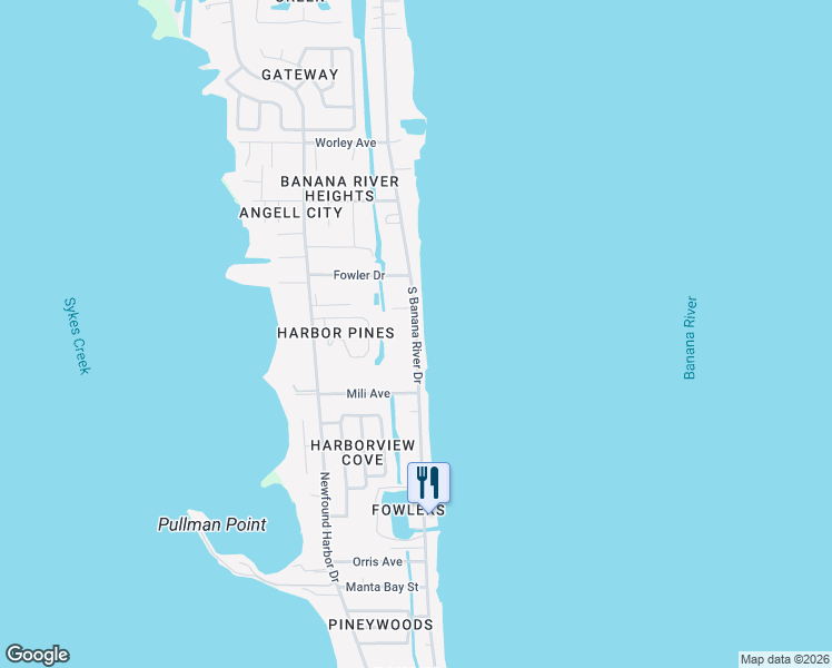 map of restaurants, bars, coffee shops, grocery stores, and more near South Banana River Drive in Merritt Island
