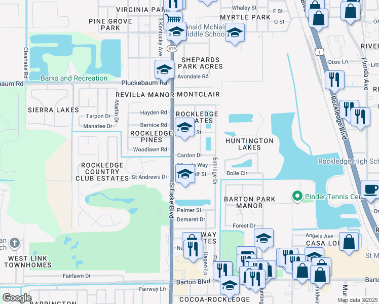 map of restaurants, bars, coffee shops, grocery stores, and more near 988 Cardon Drive in Rockledge