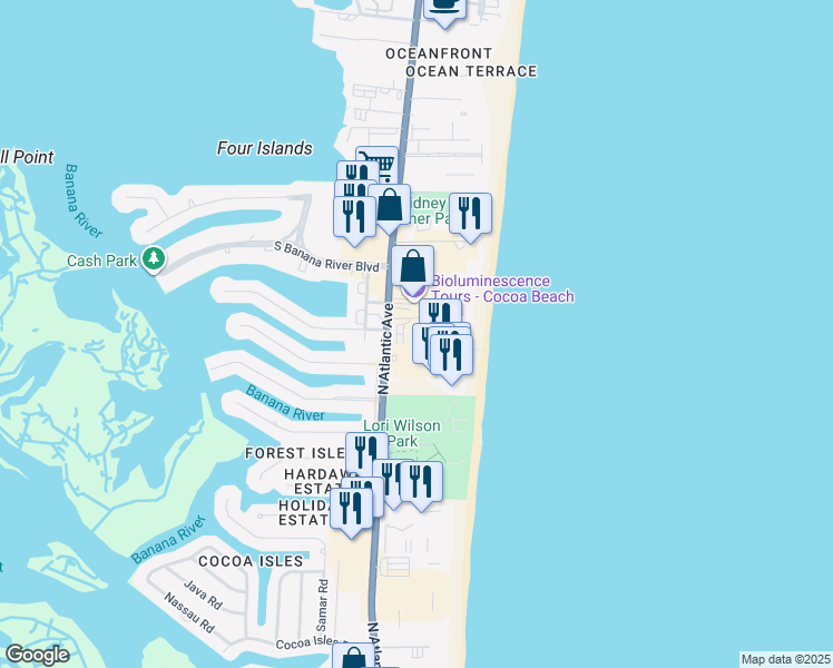 map of restaurants, bars, coffee shops, grocery stores, and more near 1700 North Atlantic Avenue in Cocoa Beach