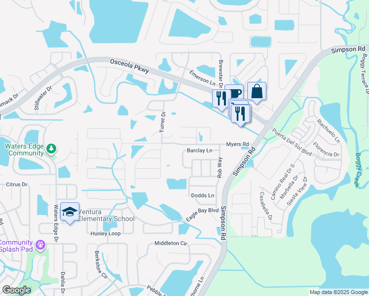 map of restaurants, bars, coffee shops, grocery stores, and more near 2712 Port Court in Kissimmee
