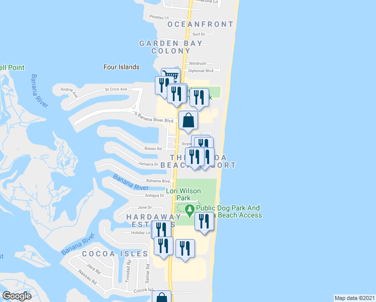 map of restaurants, bars, coffee shops, grocery stores, and more near 1980 North Atlantic Avenue in Cocoa Beach