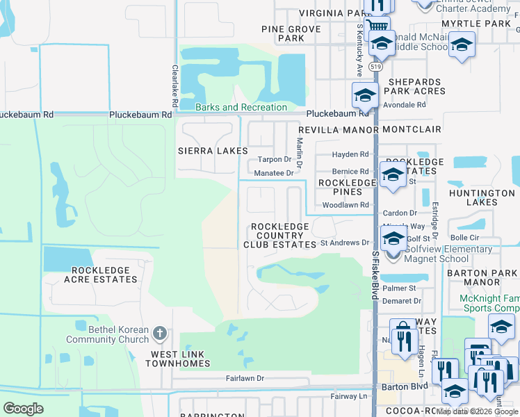 map of restaurants, bars, coffee shops, grocery stores, and more near 1273 Royal Birkdale Court in Rockledge