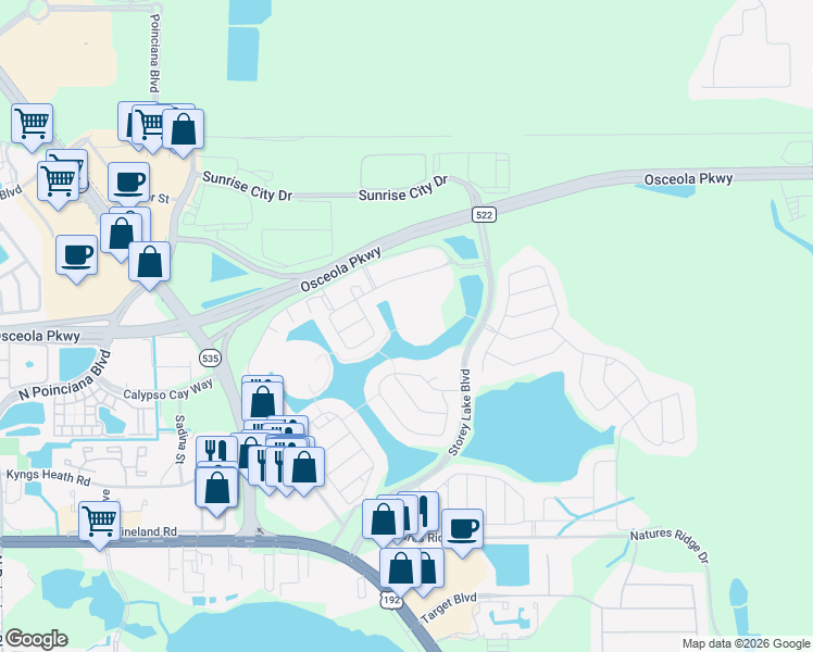 map of restaurants, bars, coffee shops, grocery stores, and more near 3111 Paradox Circle in Kissimmee