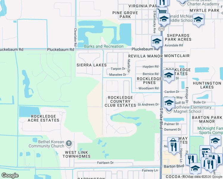map of restaurants, bars, coffee shops, grocery stores, and more near 1273 Royal Birkdale Court in Rockledge