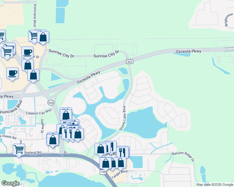 map of restaurants, bars, coffee shops, grocery stores, and more near 3150 Paradox Circle in Kissimmee