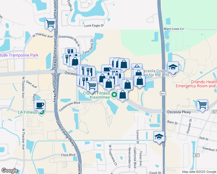 map of restaurants, bars, coffee shops, grocery stores, and more near Centerview Boulevard in Kissimmee