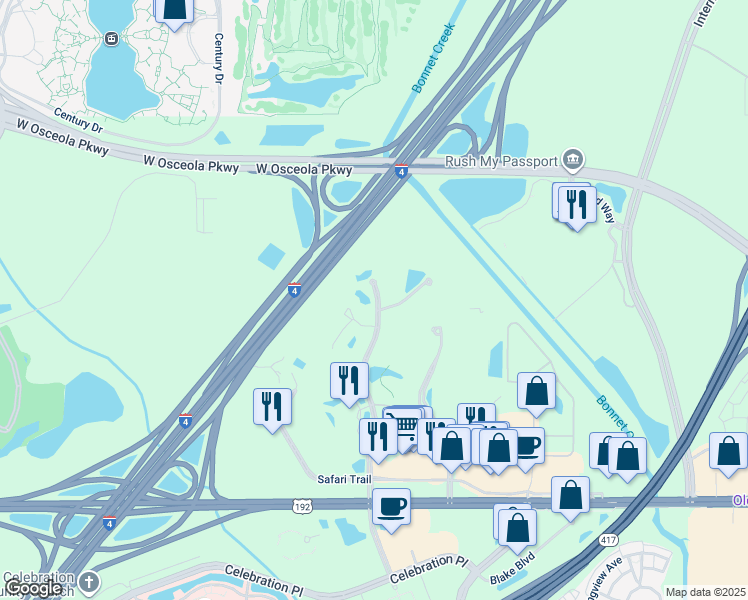 map of restaurants, bars, coffee shops, grocery stores, and more near 3058 Parkway Boulevard in Kissimmee