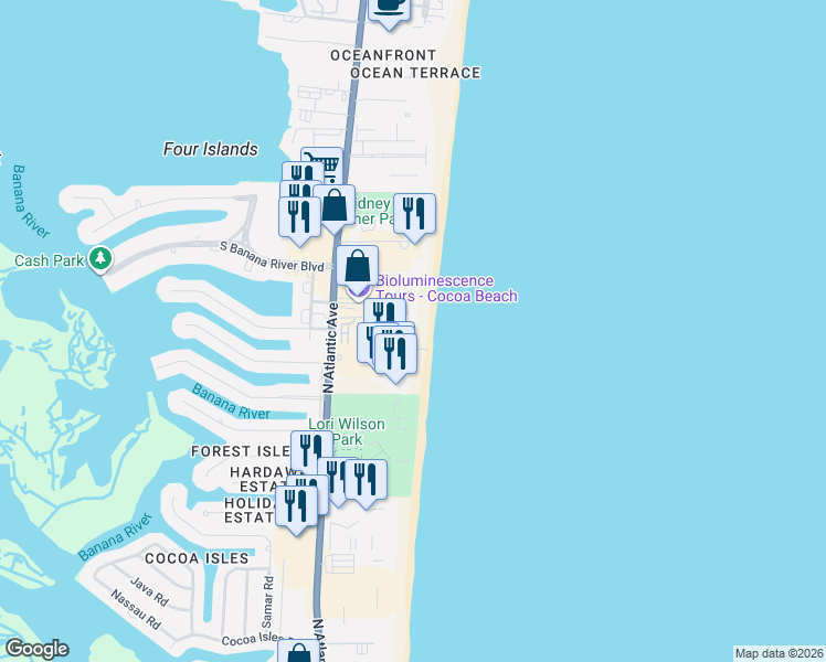 map of restaurants, bars, coffee shops, grocery stores, and more near 1860 North Atlantic Avenue in Cocoa Beach