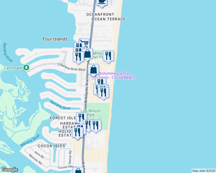 map of restaurants, bars, coffee shops, grocery stores, and more near 1860 North Atlantic Avenue in Cocoa Beach