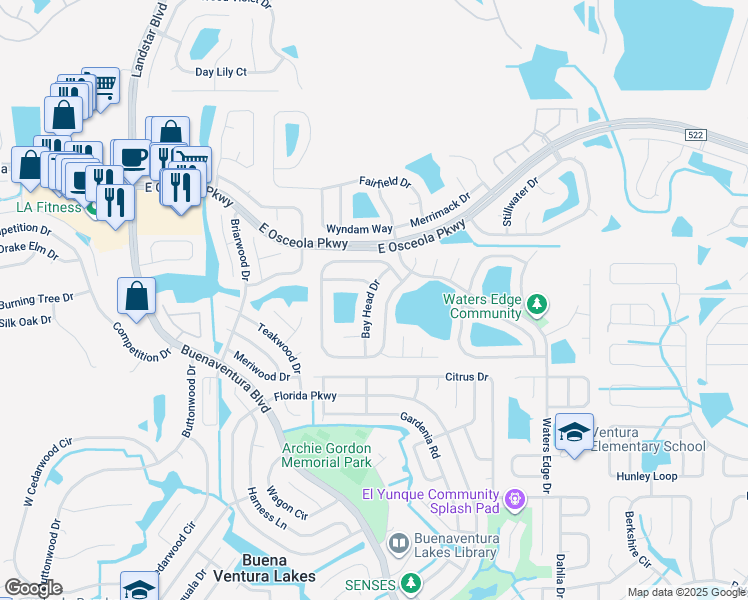 map of restaurants, bars, coffee shops, grocery stores, and more near 231 Bay Head Drive in Kissimmee