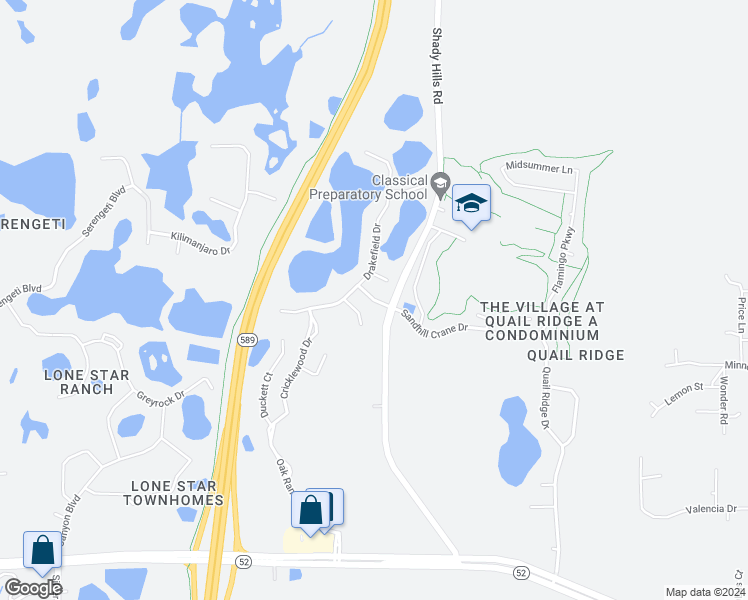 map of restaurants, bars, coffee shops, grocery stores, and more near 16325 Dinsdale Drive in Spring Hill