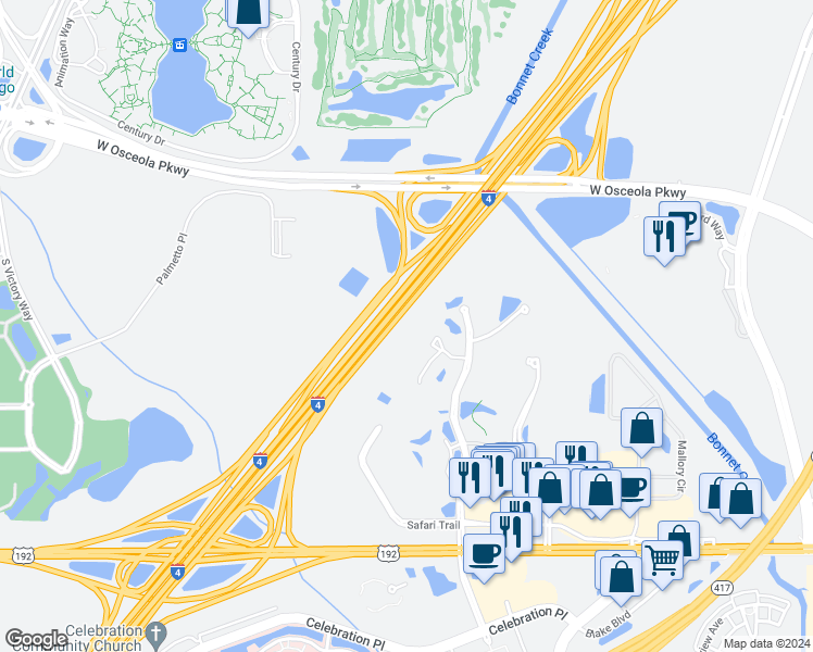 map of restaurants, bars, coffee shops, grocery stores, and more near Florida 400 in Kissimmee