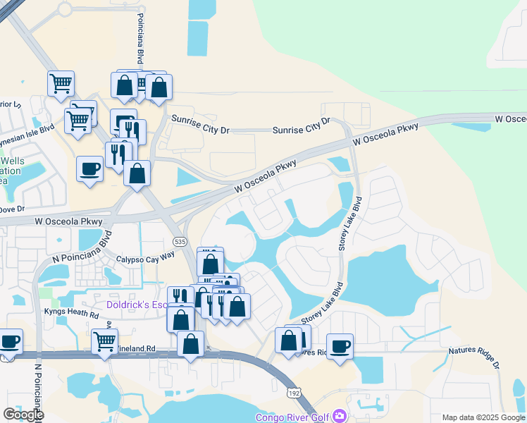 map of restaurants, bars, coffee shops, grocery stores, and more near 4870 Clock Tower Drive in Kissimmee