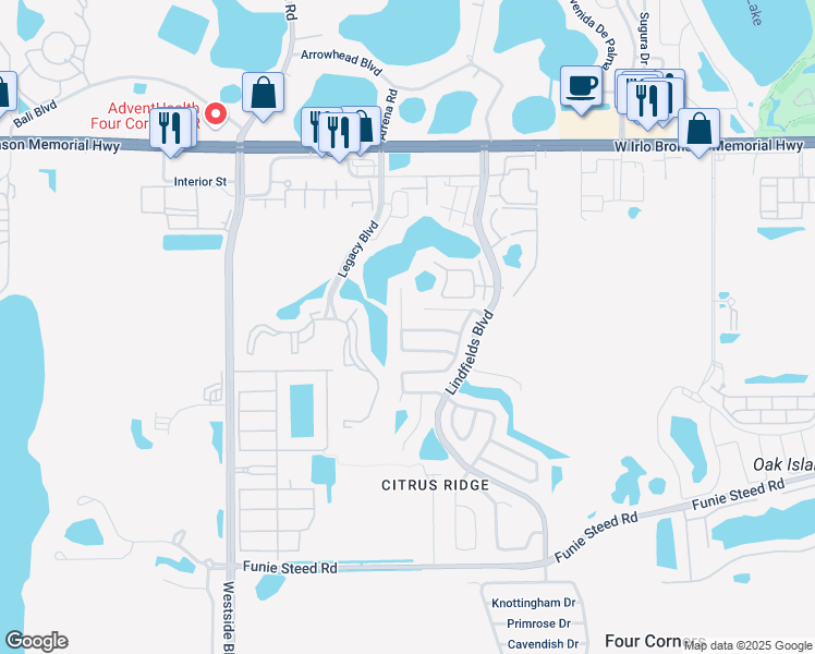map of restaurants, bars, coffee shops, grocery stores, and more near 3100 Domain Circle in Kissimmee
