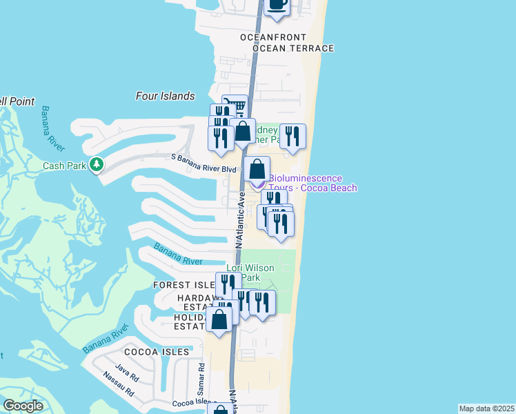 map of restaurants, bars, coffee shops, grocery stores, and more near 1700 North Atlantic Avenue in Cocoa Beach