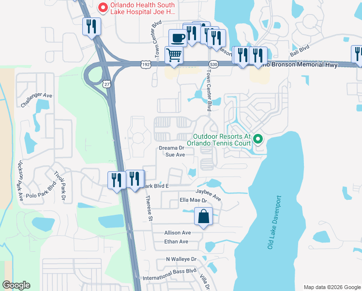 map of restaurants, bars, coffee shops, grocery stores, and more near 464 Dreama Drive in Davenport