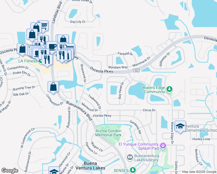 map of restaurants, bars, coffee shops, grocery stores, and more near 104 Lochness Lane in Kissimmee