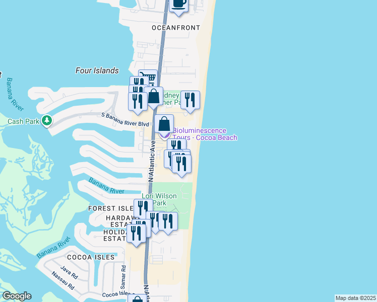 map of restaurants, bars, coffee shops, grocery stores, and more near 1860 North Atlantic Avenue in Cocoa Beach