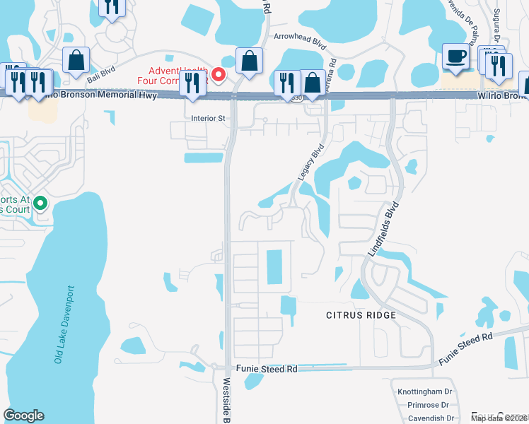 map of restaurants, bars, coffee shops, grocery stores, and more near 8909 Legacy Court in Kissimmee