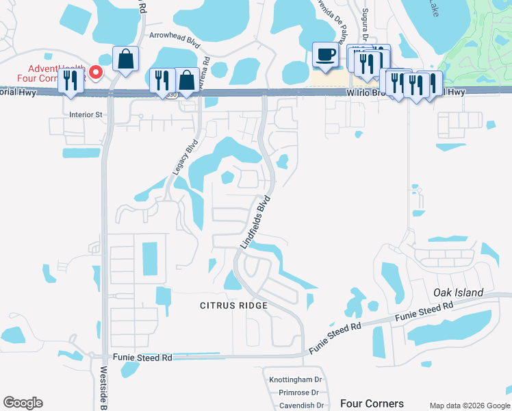 map of restaurants, bars, coffee shops, grocery stores, and more near 3089 Bloomsbury Drive in Kissimmee