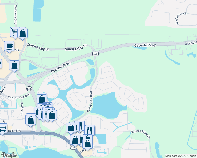 map of restaurants, bars, coffee shops, grocery stores, and more near 4610 Fairy Tale Circle in Kissimmee