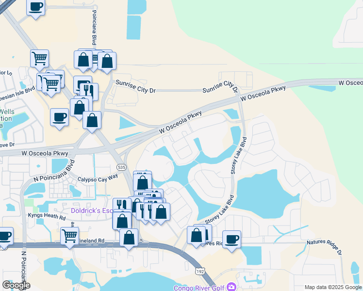 map of restaurants, bars, coffee shops, grocery stores, and more near 4870 Clock Tower Drive in Kissimmee