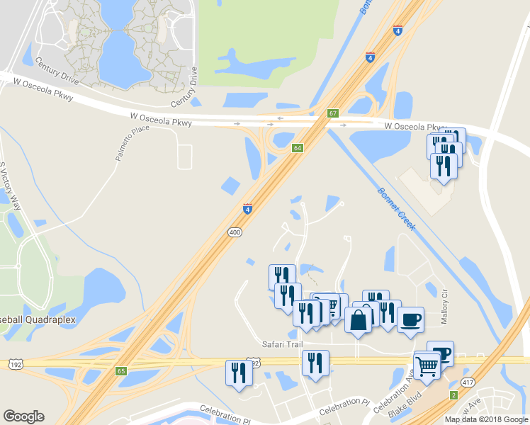 map of restaurants, bars, coffee shops, grocery stores, and more near Highway 400 in Kissimmee