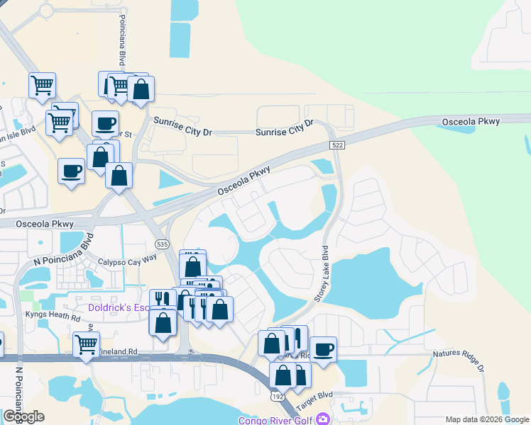 map of restaurants, bars, coffee shops, grocery stores, and more near 3179 Pequod Place in Kissimmee
