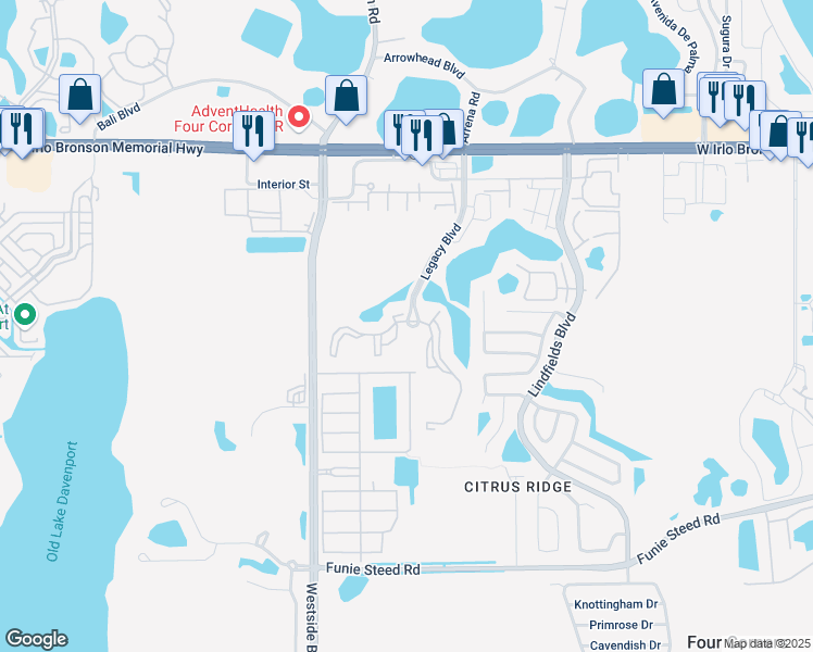 map of restaurants, bars, coffee shops, grocery stores, and more near 3200 Legacy Boulevard in Kissimmee