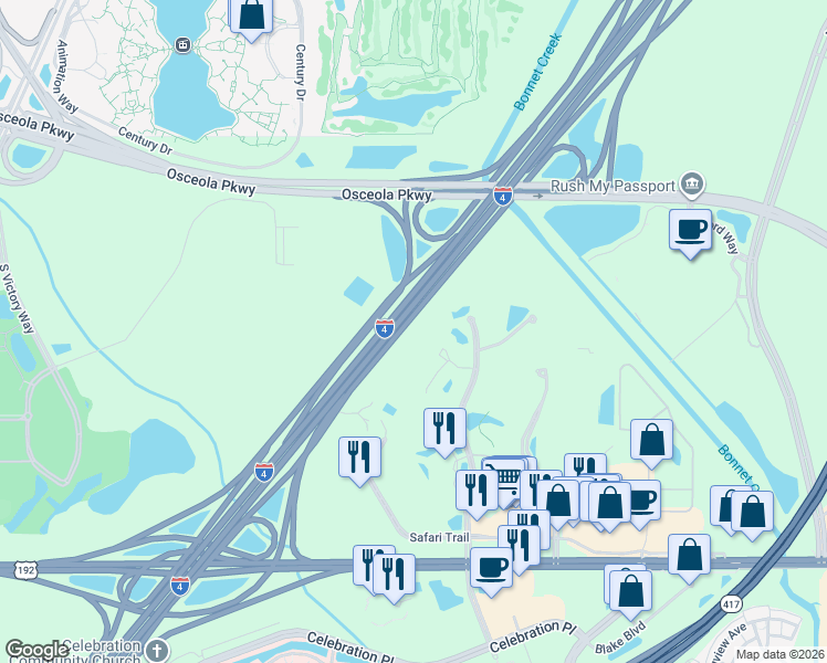 map of restaurants, bars, coffee shops, grocery stores, and more near Florida 400 in Kissimmee