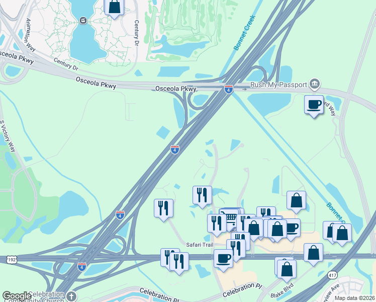 map of restaurants, bars, coffee shops, grocery stores, and more near Florida 400 in Kissimmee