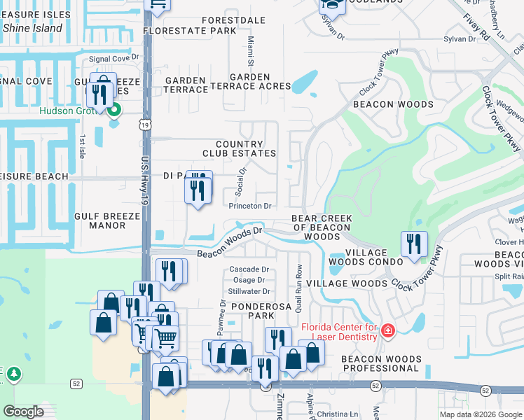map of restaurants, bars, coffee shops, grocery stores, and more near 7404 Princeton Drive in Hudson