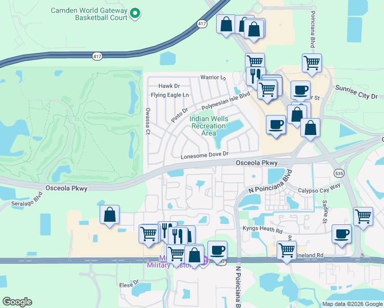 map of restaurants, bars, coffee shops, grocery stores, and more near 5327 Lonesome Dove Drive in Kissimmee