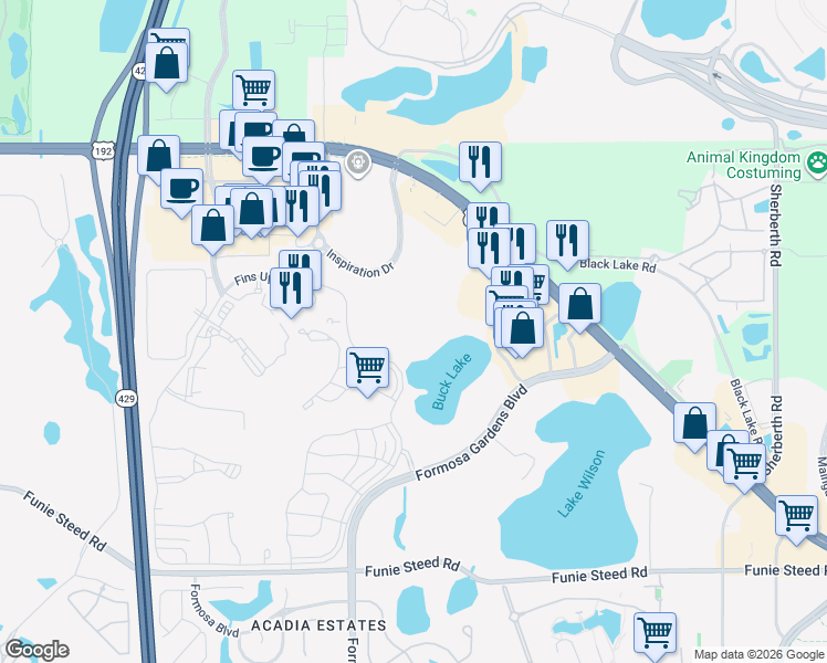 map of restaurants, bars, coffee shops, grocery stores, and more near 3164 Sun Lake Court in Kissimmee