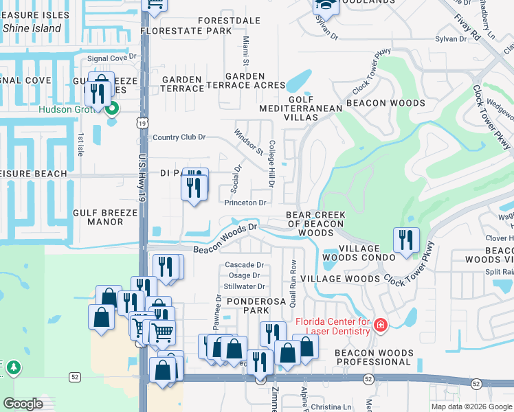 map of restaurants, bars, coffee shops, grocery stores, and more near 7404 Princeton Drive in Hudson