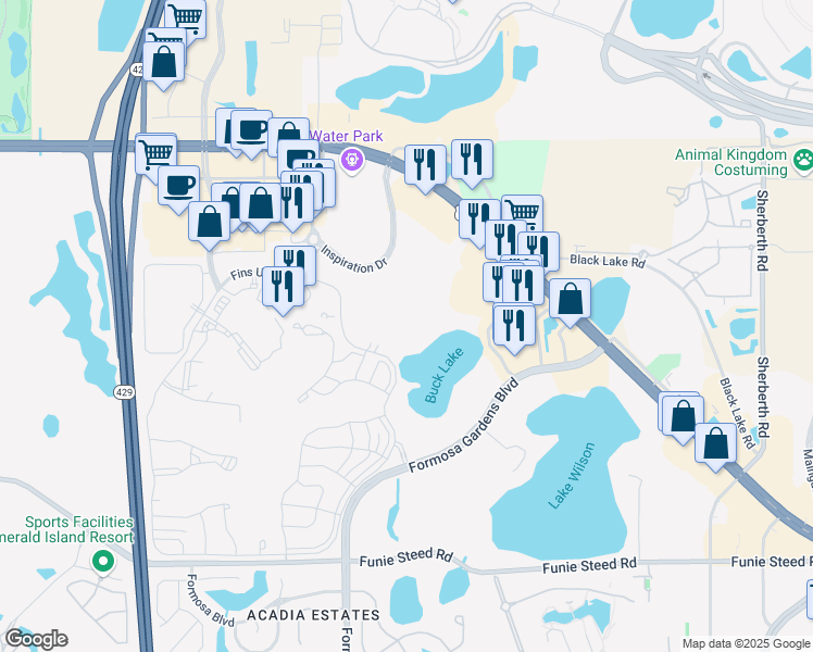 map of restaurants, bars, coffee shops, grocery stores, and more near 3164 Sun Lake Court in Kissimmee
