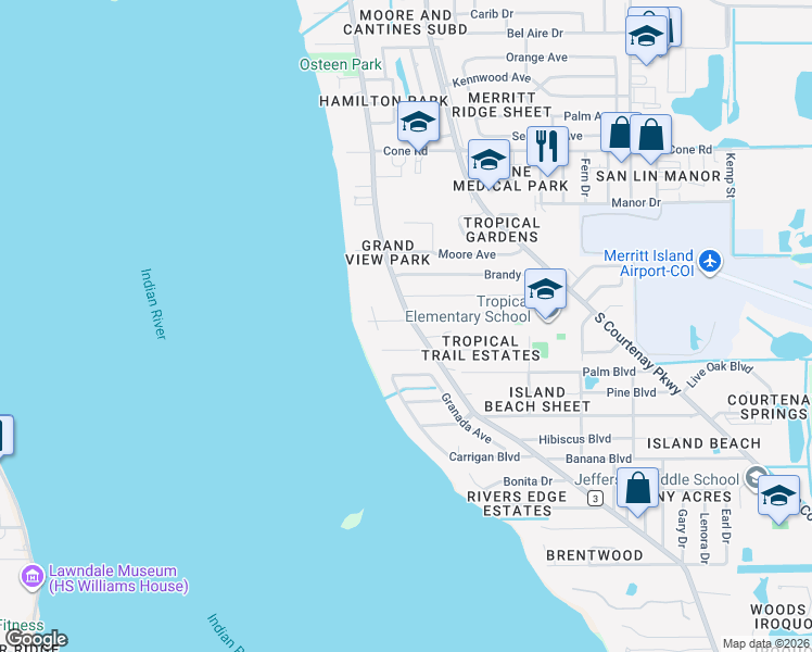map of restaurants, bars, coffee shops, grocery stores, and more near 887 South Tropical Trail in Merritt Island