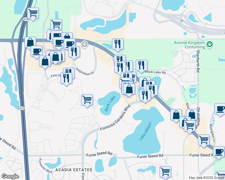 map of restaurants, bars, coffee shops, grocery stores, and more near 3119 Sun Lake Court in Kissimmee