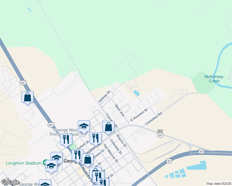 map of restaurants, bars, coffee shops, grocery stores, and more near 304 Menchaca Street in George West