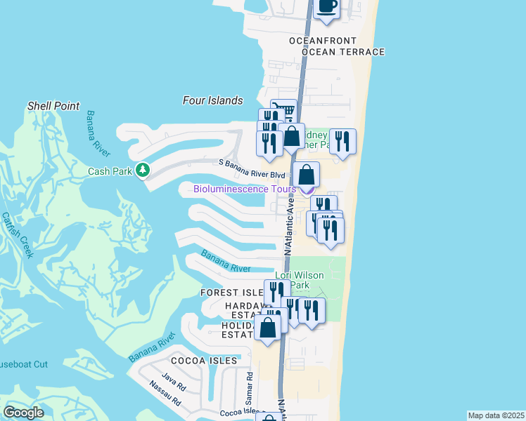 map of restaurants, bars, coffee shops, grocery stores, and more near 101 Bimini Road in Cocoa Beach