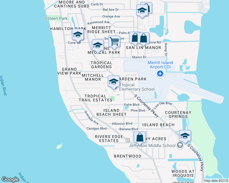 map of restaurants, bars, coffee shops, grocery stores, and more near 885 South Courtenay Parkway in Merritt Island