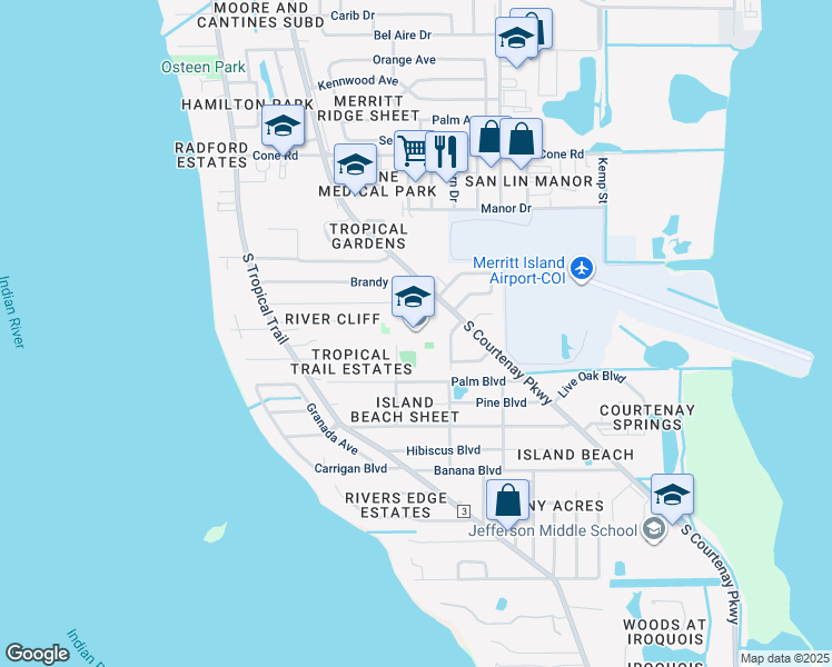 map of restaurants, bars, coffee shops, grocery stores, and more near 885 South Courtenay Parkway in Merritt Island