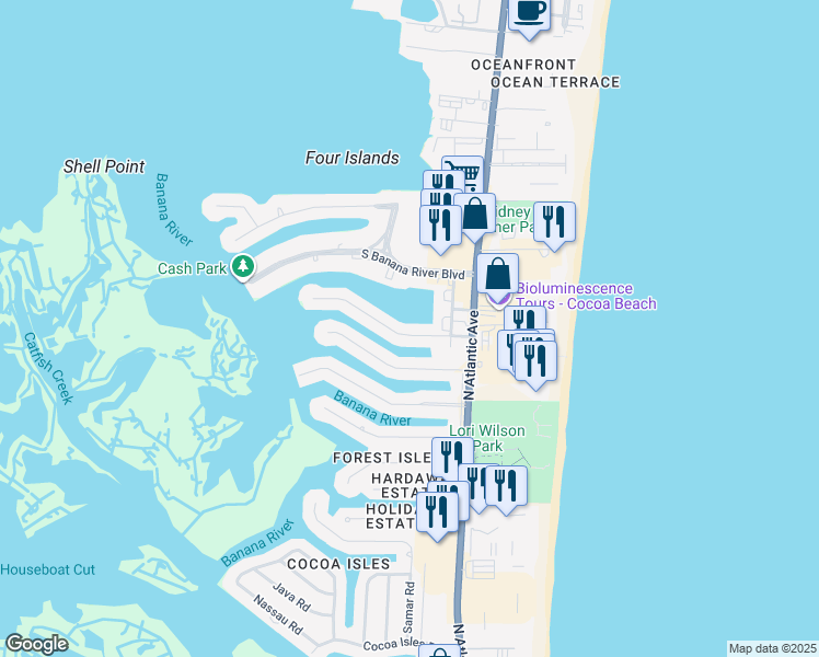 map of restaurants, bars, coffee shops, grocery stores, and more near 125 Bimini Road in Cocoa Beach