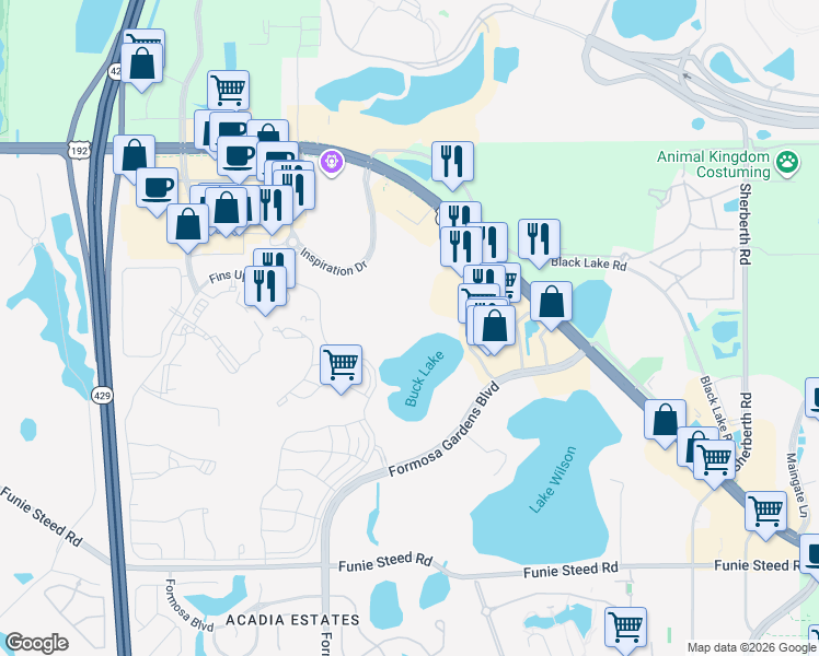 map of restaurants, bars, coffee shops, grocery stores, and more near 3134 Sun Lake Court in Kissimmee