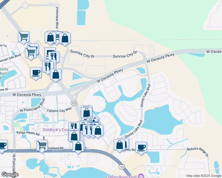 map of restaurants, bars, coffee shops, grocery stores, and more near 4870 Clock Tower Drive in Kissimmee