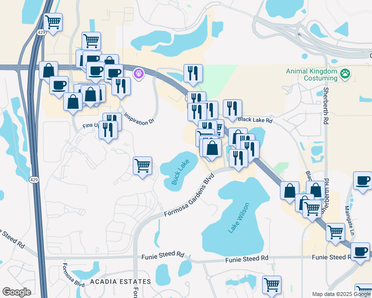 map of restaurants, bars, coffee shops, grocery stores, and more near 3119 Sun Lake Court in Kissimmee