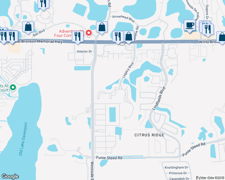 map of restaurants, bars, coffee shops, grocery stores, and more near 8907 Legacy Court in Kissimmee
