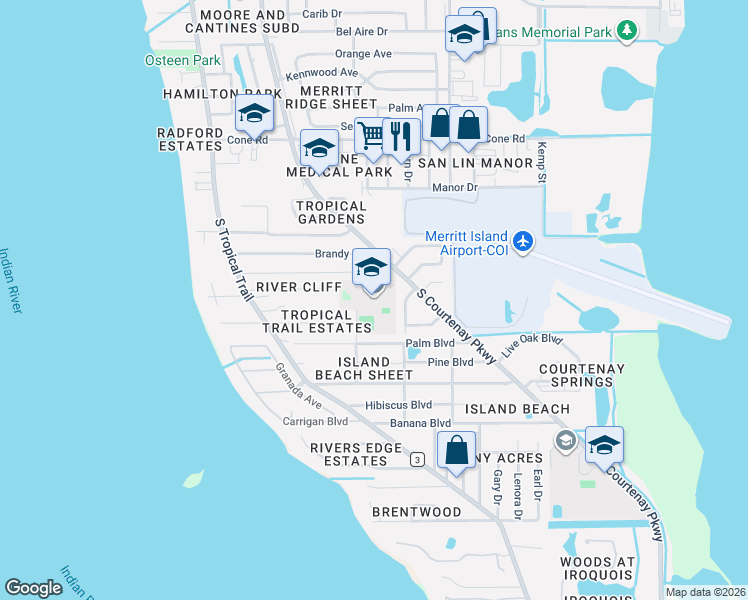 map of restaurants, bars, coffee shops, grocery stores, and more near 885 S Courtenay Pkwy in Merritt Island