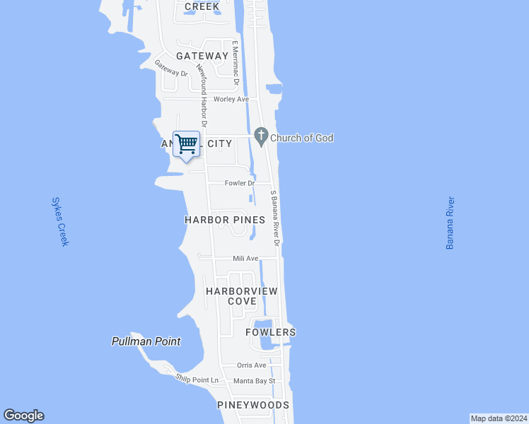 map of restaurants, bars, coffee shops, grocery stores, and more near 949 South Banana River Drive in Merritt Island