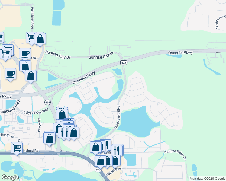 map of restaurants, bars, coffee shops, grocery stores, and more near 3150 Paradox Circle in Kissimmee